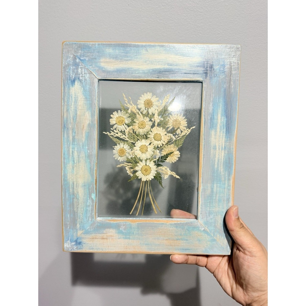 Vintage Pressed Daisy Bouquet Floating Double Glass Blue Wood Frame